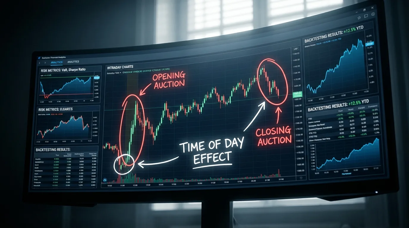 Aplicação prática da análise de sazonalidade intradiária em um dashboard de algotrading, com anotações em gráficos destacando os efeitos do tempo e a gestão de risco.