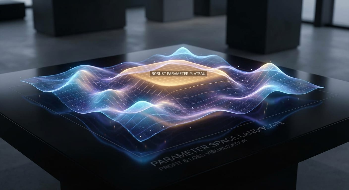 Visualização de conceito de finanças mostrando um gráfico 3D do 'Parameter Space Landscape' para ilustrar a robustez e sensibilidade de parâmetros em algotrading.