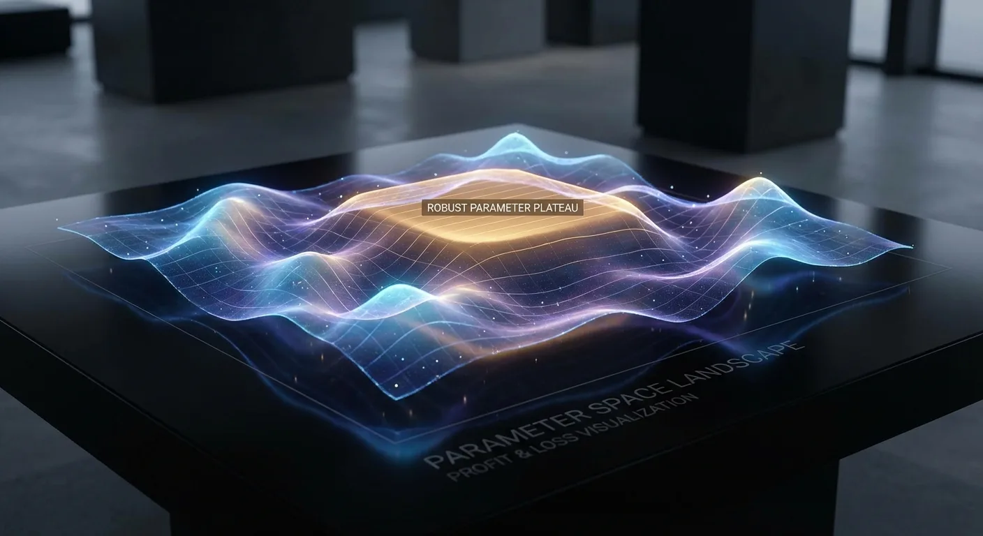Visualização de conceito de finanças mostrando um gráfico 3D do 'Parameter Space Landscape' para ilustrar a robustez e sensibilidade de parâmetros em algotrading.