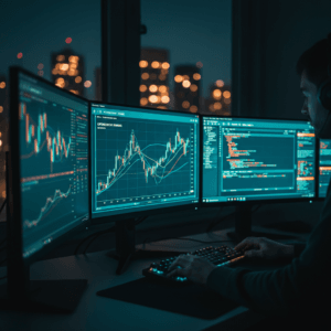 Setup de trading cinematográfico com monitores exibindo gráficos de candlesticks, ilustrando a análise de sensibilidade de parâmetros algotrading.