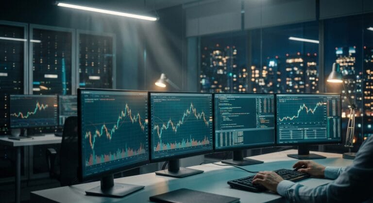 Setup profissional de um trader de algotrading, mostrando a análise de sensibilidade de parâmetros algotrading em múltiplos monitores ultrawide com gráficos de candlestick.