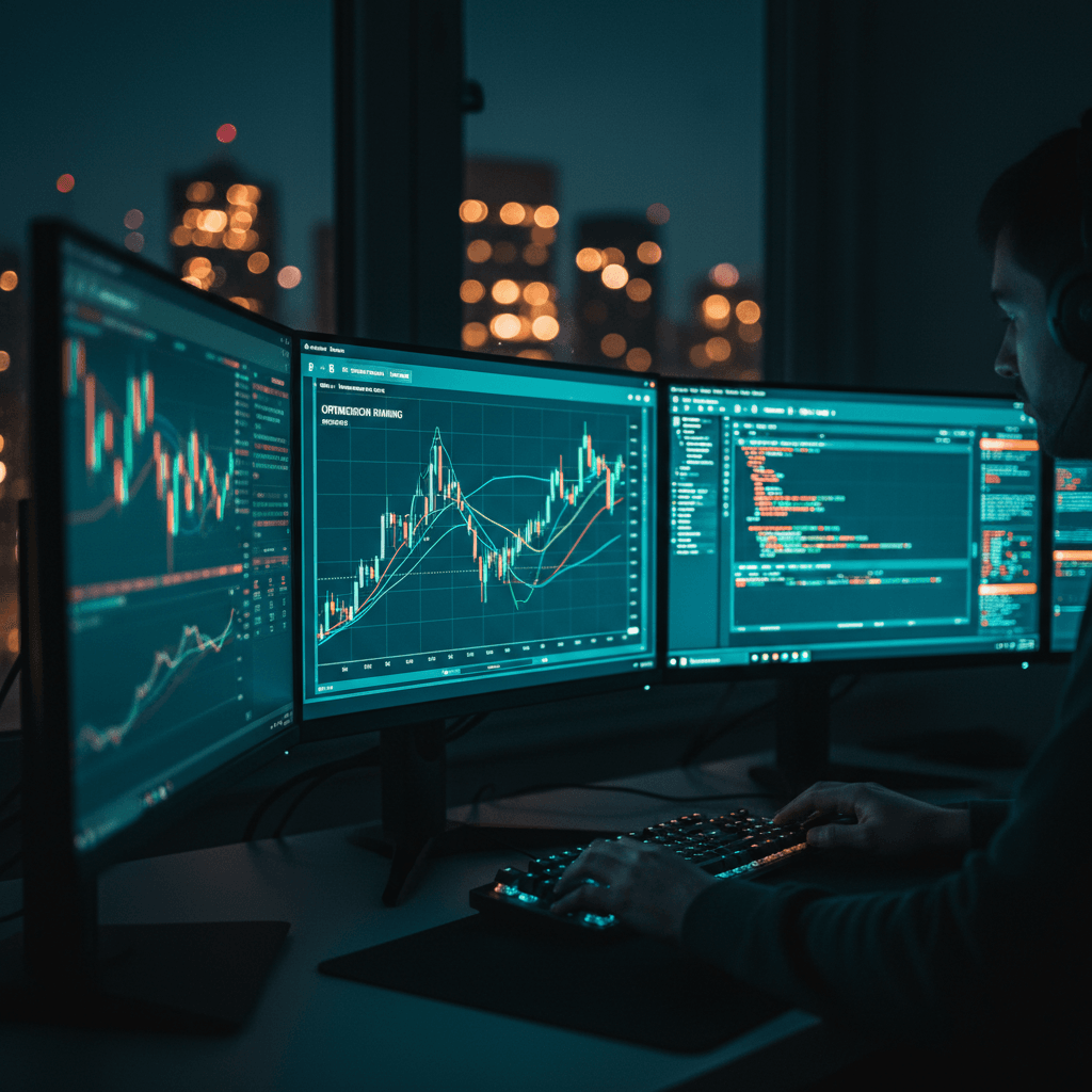 Setup de trading cinematográfico com monitores exibindo gráficos de candlesticks, ilustrando a análise de sensibilidade de parâmetros algotrading.
