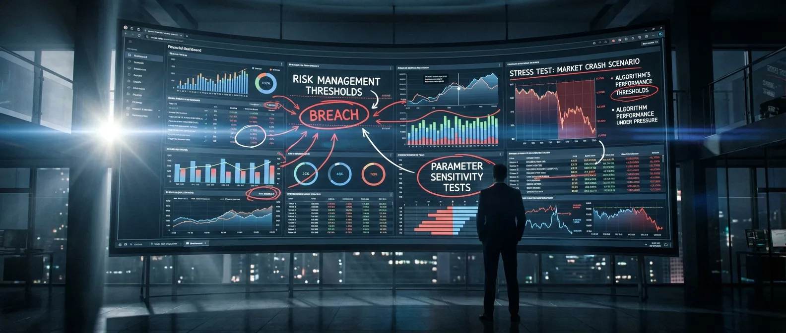 Cena prática de um dashboard profissional de algotrading com gráficos, anotações e visualização de gestão de risco para testar a sensibilidade de parâmetros.