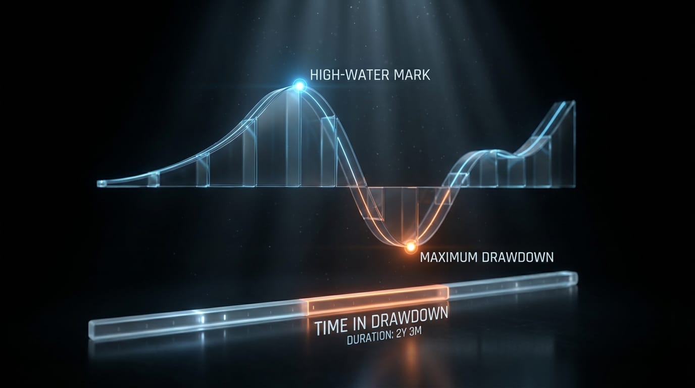 Visualização conceitual em 3D que detalha os componentes do time in drawdown: pico de capital, rebaixamento máximo e o tempo de recuperação.