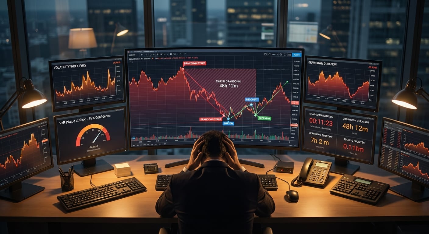 Dashboard de gestão de risco mostrando a análise prática de um 'time in drawdown', com anotações técnicas e métricas de desempenho em tempo real.