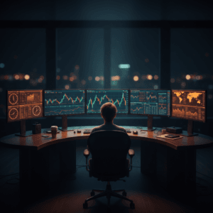 Setup de trading profissional com monitores exibindo gráficos para análise, ilustrando a importância de evitar o viés de sobrevivência em backtests.