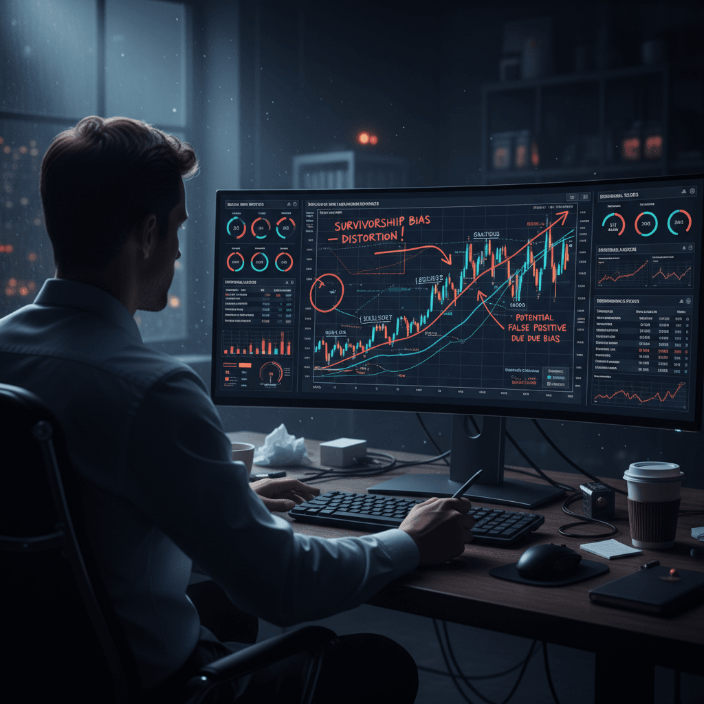 Dashboard financeiro com anotações e gestão de risco, demonstrando a correção prática do viés de sobrevivência em backtests.