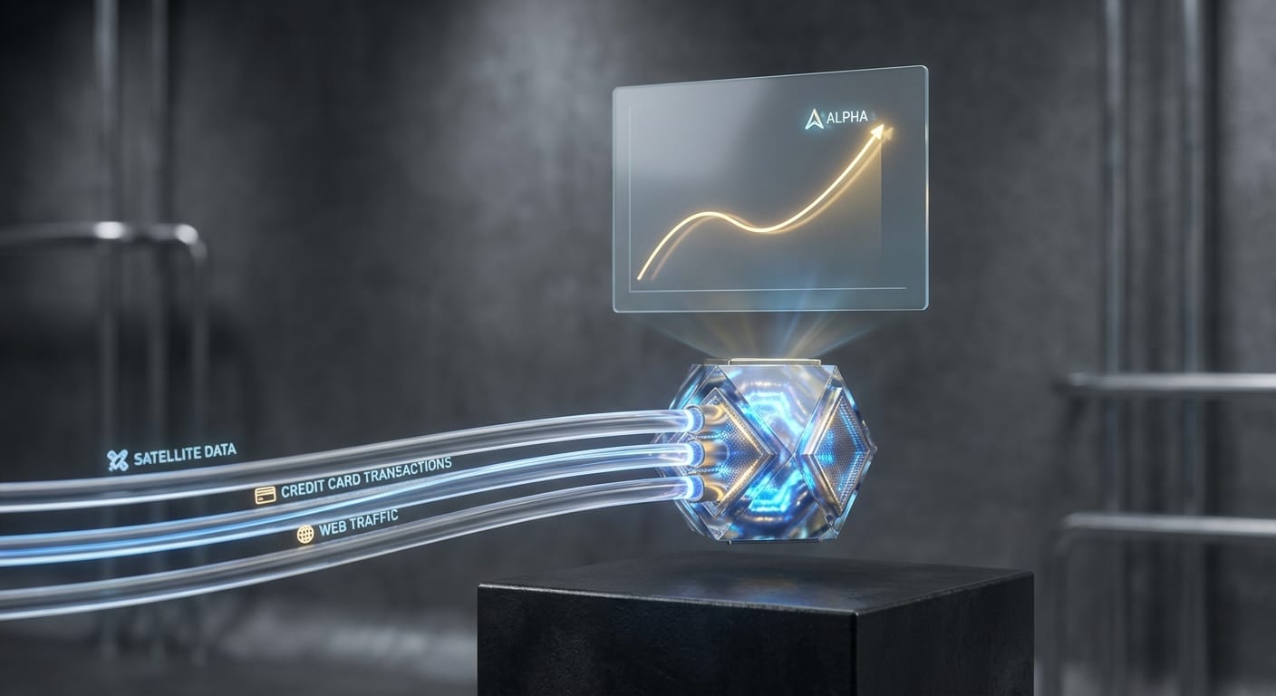 Visualização conceitual do processo de extração de alpha a partir de fontes de dados alternativos, transformando dados brutos em um gráfico de performance.