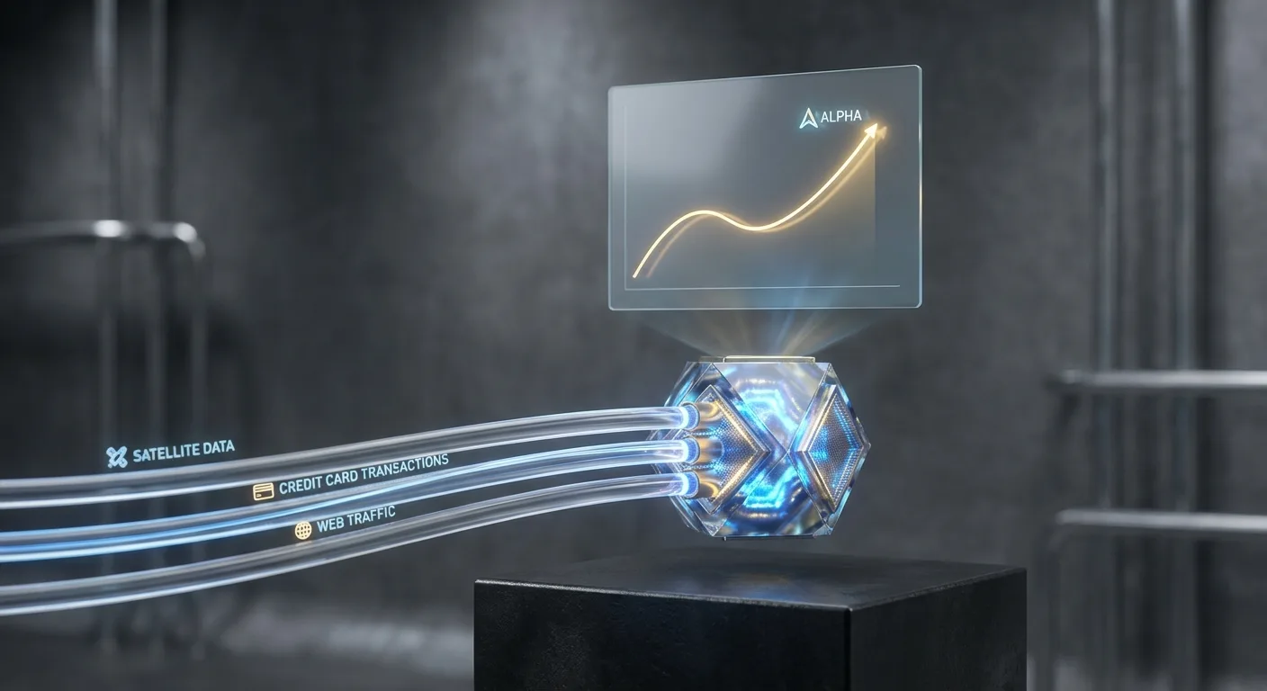 Visualização conceitual do processo de extração de alpha a partir de fontes de dados alternativos, transformando dados brutos em um gráfico de performance.