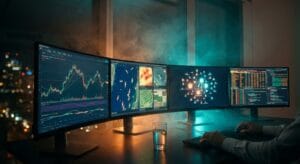 Setup profissional de um trader quantitativo analisando dados alternativos para algotrading em múltiplos monitores, com gráficos e visualizações complexas.