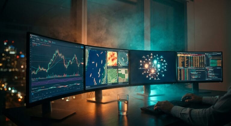 Setup profissional de um trader quantitativo analisando dados alternativos para algotrading em múltiplos monitores, com gráficos e visualizações complexas.