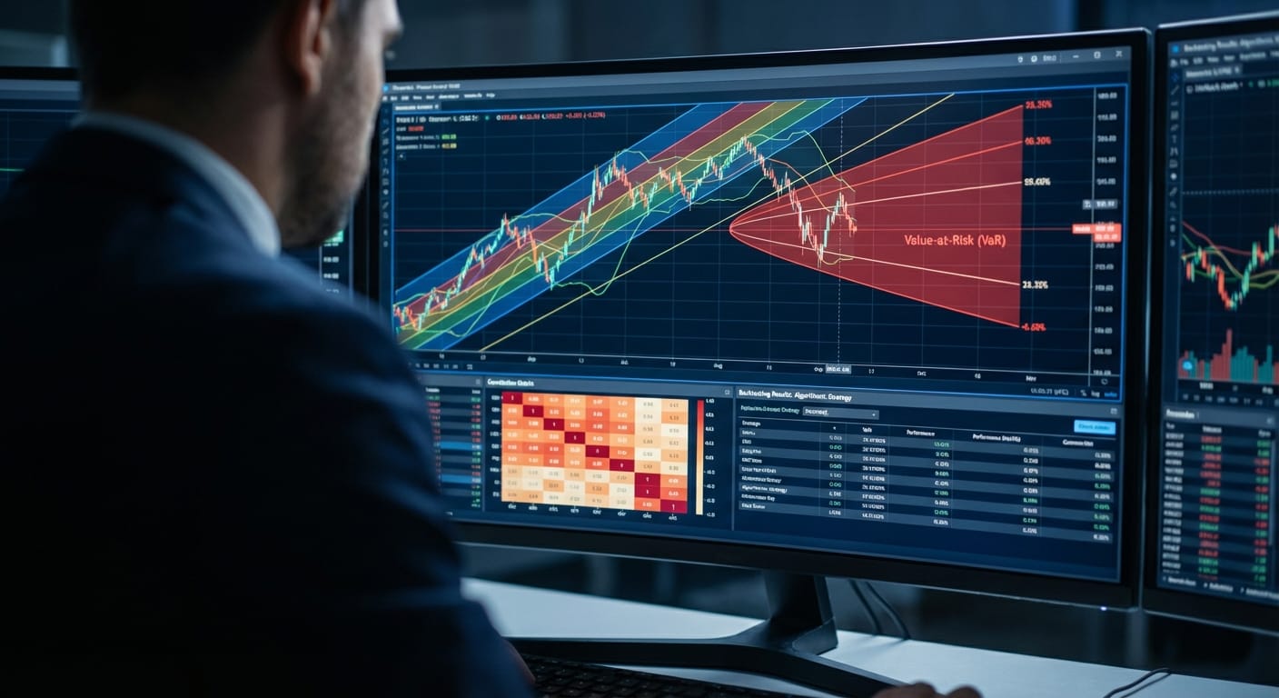 Dashboard prático de algotrading com gráficos anotados e métricas de gestão de risco, demonstrando a validação de uma estratégia com dados alternativos.