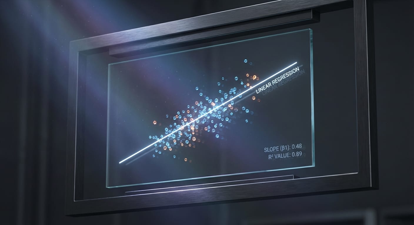 Visualização conceitual da regressão linear, mostrando a linha de tendência, o slope (β1) e o R² como filtro em um gráfico de dados financeiros.