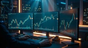 Setup profissional de algotrading com monitores exibindo a regressão linear como sinal de tendência em um gráfico financeiro.