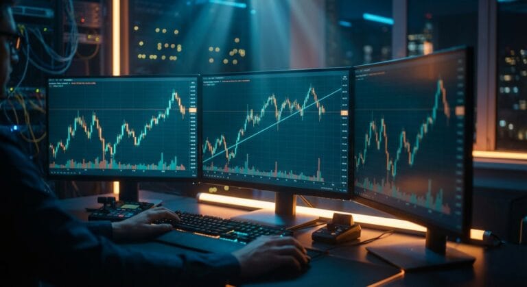 Setup profissional de algotrading com monitores exibindo a regressão linear como sinal de tendência em um gráfico financeiro.