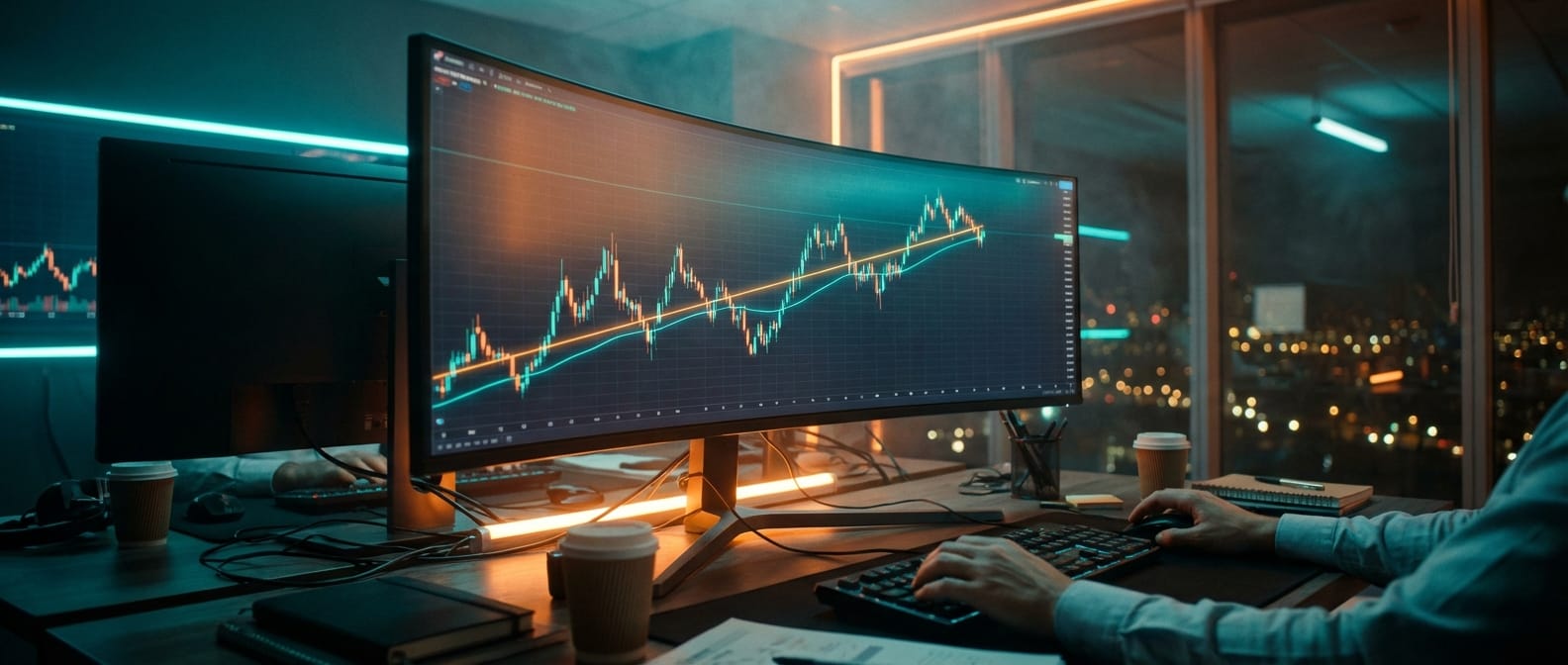 Setup de trading profissional exibindo a aplicação da regressão linear como sinal de tendência em algotrading em um monitor ultrawide cinematográfico.