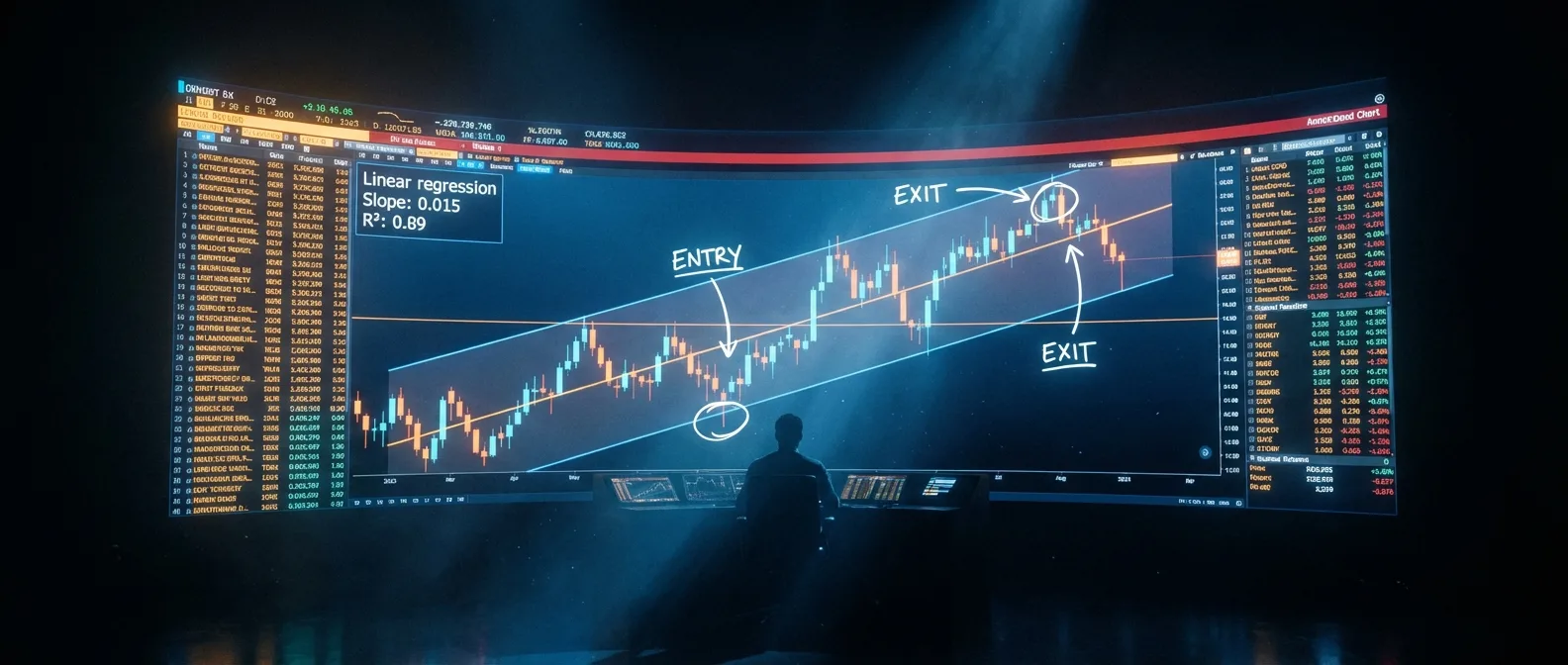 Aplicação prática da regressão linear como sinal de tendência em um dashboard de algotrading para gestão de risco e operações.