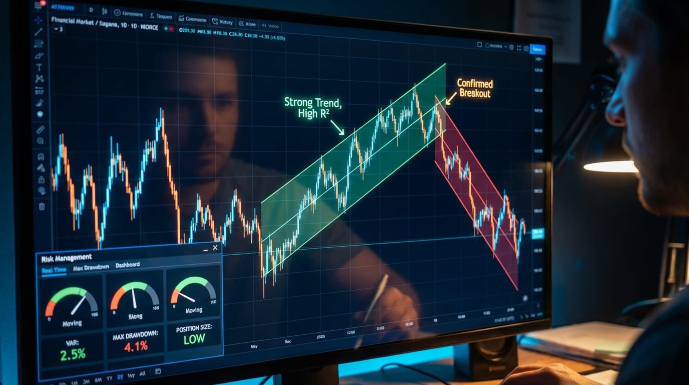 Aplicação prática da regressão linear em um dashboard de algotrading, com anotações em gráficos para otimizar entradas e gestão de risco.