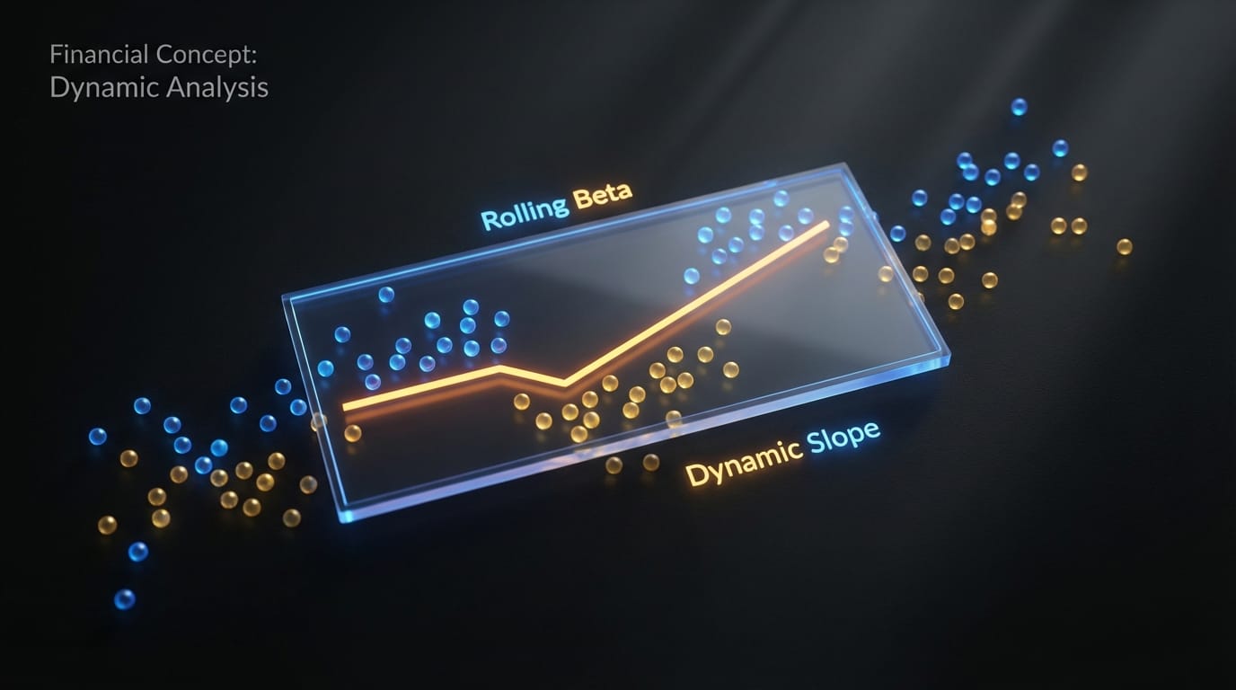 Visualização conceitual do mecanismo de regressão linear rolante, mostrando como o beta dinâmico se adapta a novos dados em tempo real.