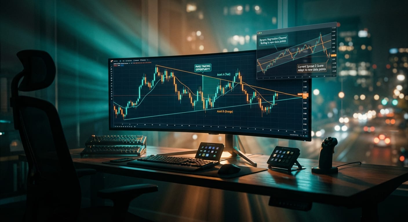 Setup de trading profissional com monitores exibindo gráficos de regressão linear rolante e beta dinâmico em pares, com iluminação cinematográfica.