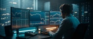 Setup profissional para stress testing algotrading, com múltiplos monitores exibindo gráficos de queda do mercado em um ambiente cinematográfico.
