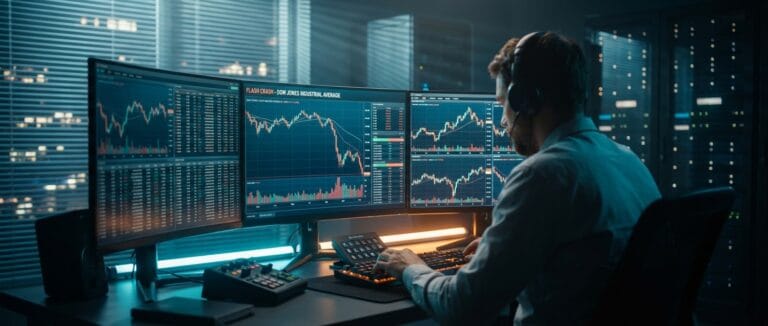 Setup profissional para stress testing algotrading, com múltiplos monitores exibindo gráficos de queda do mercado em um ambiente cinematográfico.
