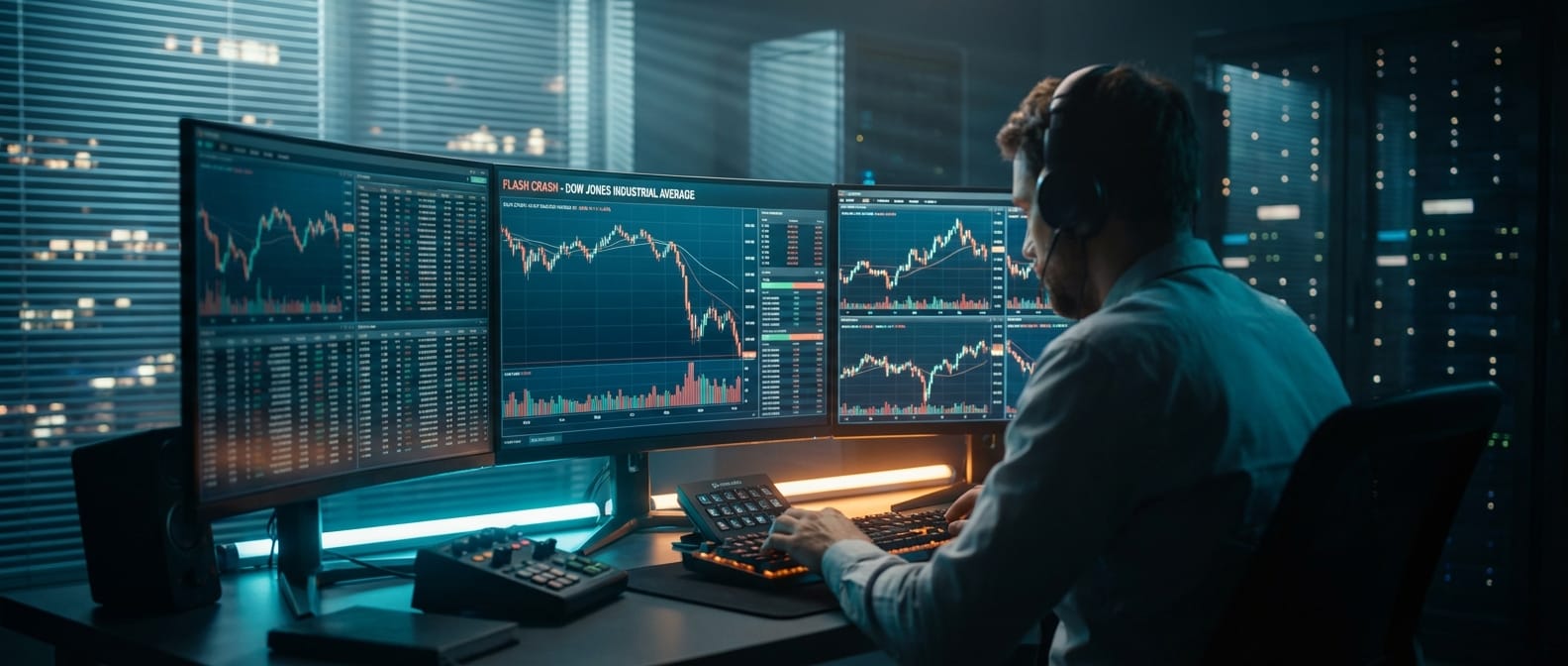 Setup profissional para stress testing algotrading, com múltiplos monitores exibindo gráficos de queda do mercado em um ambiente cinematográfico.