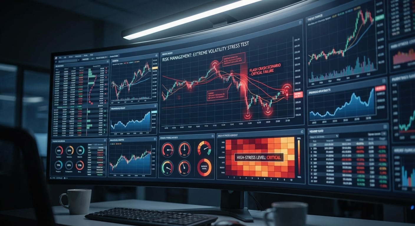 Aplicação prática do stress testing algotrading em um dashboard profissional, com gráficos anotados indicando pontos de falha e gestão de risco.
